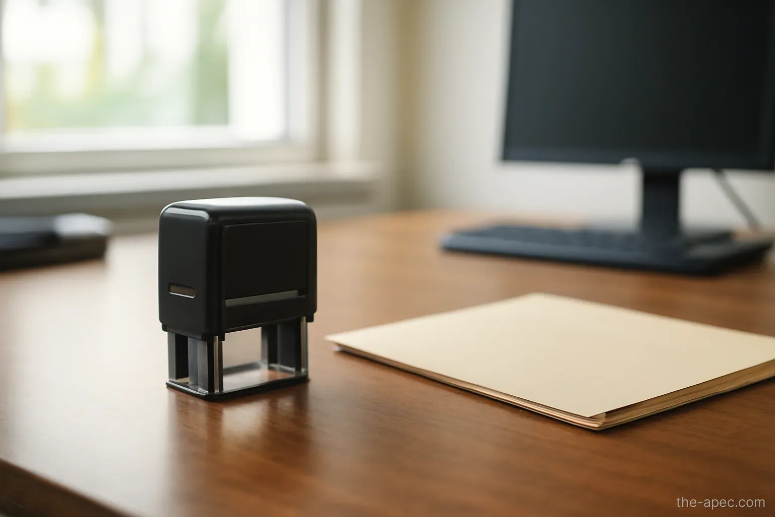 an office desk with a company stamp and a closed folder, no readable text, daylight from window
