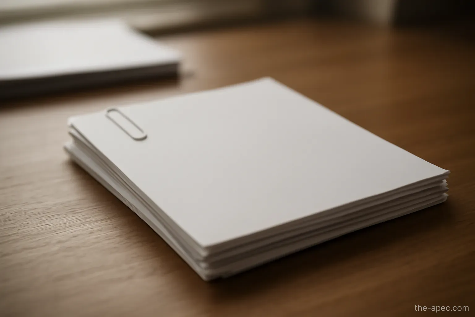 a small stack of personal documents held together with a paper clip on a desk, no text visible