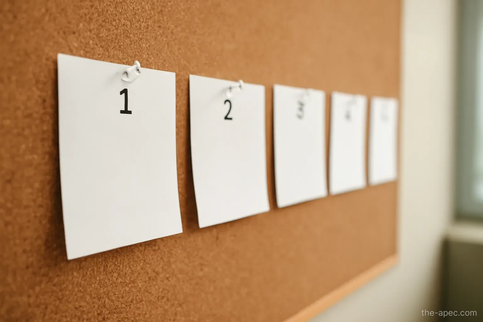 a flow of numbered paper slips pinned in a row on a corkboard, no text legible, office wall