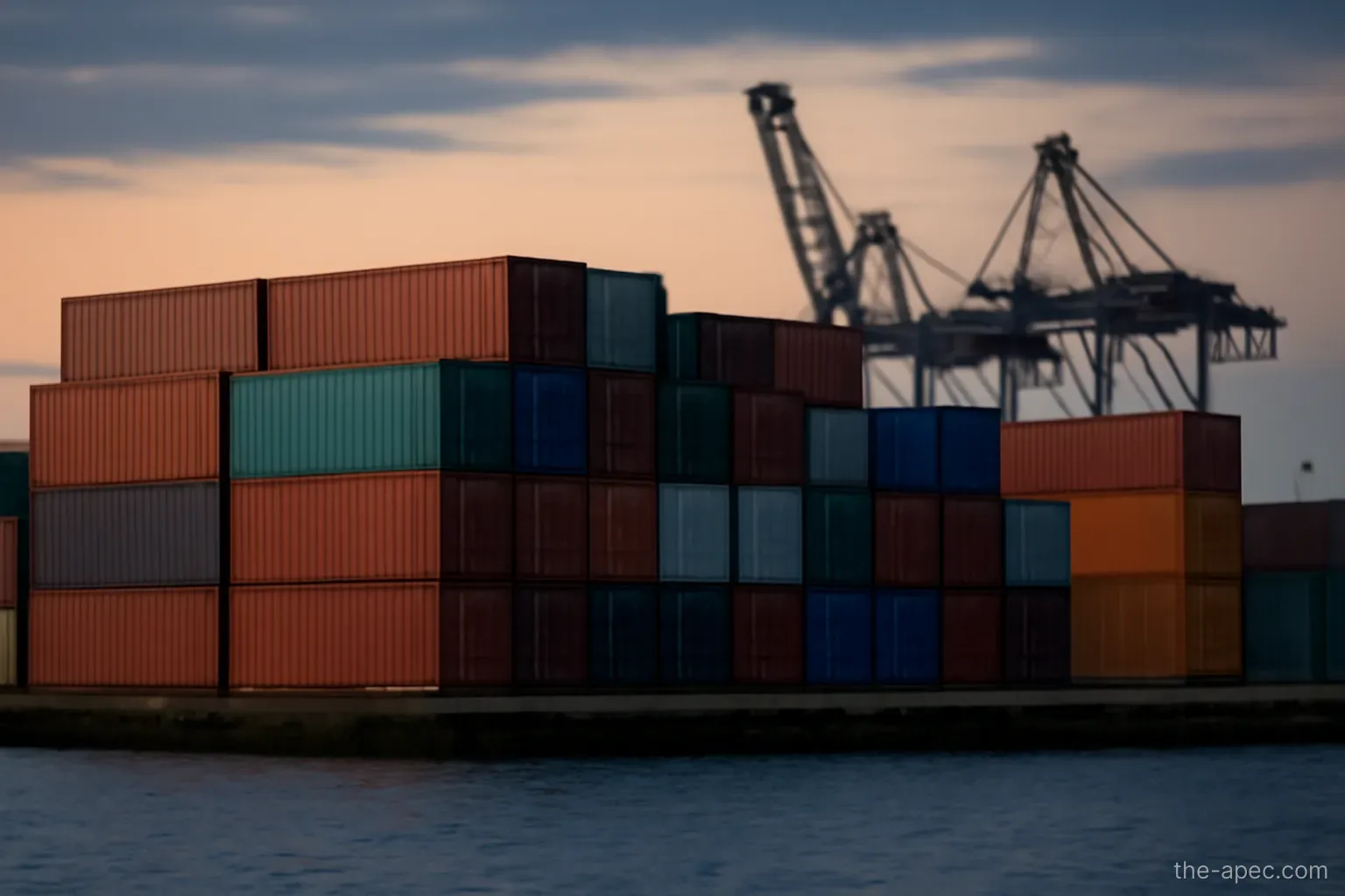 shipping containers stacked at a port seen from a distance at dusk, no company markings