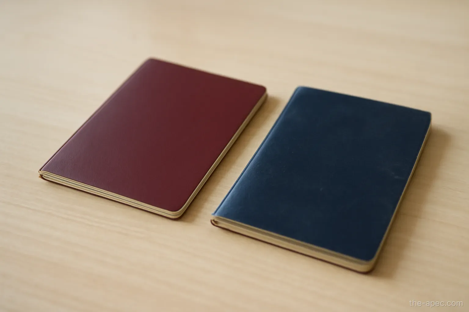 two passports lying side by side on a table, one visibly newer than the other, plain light