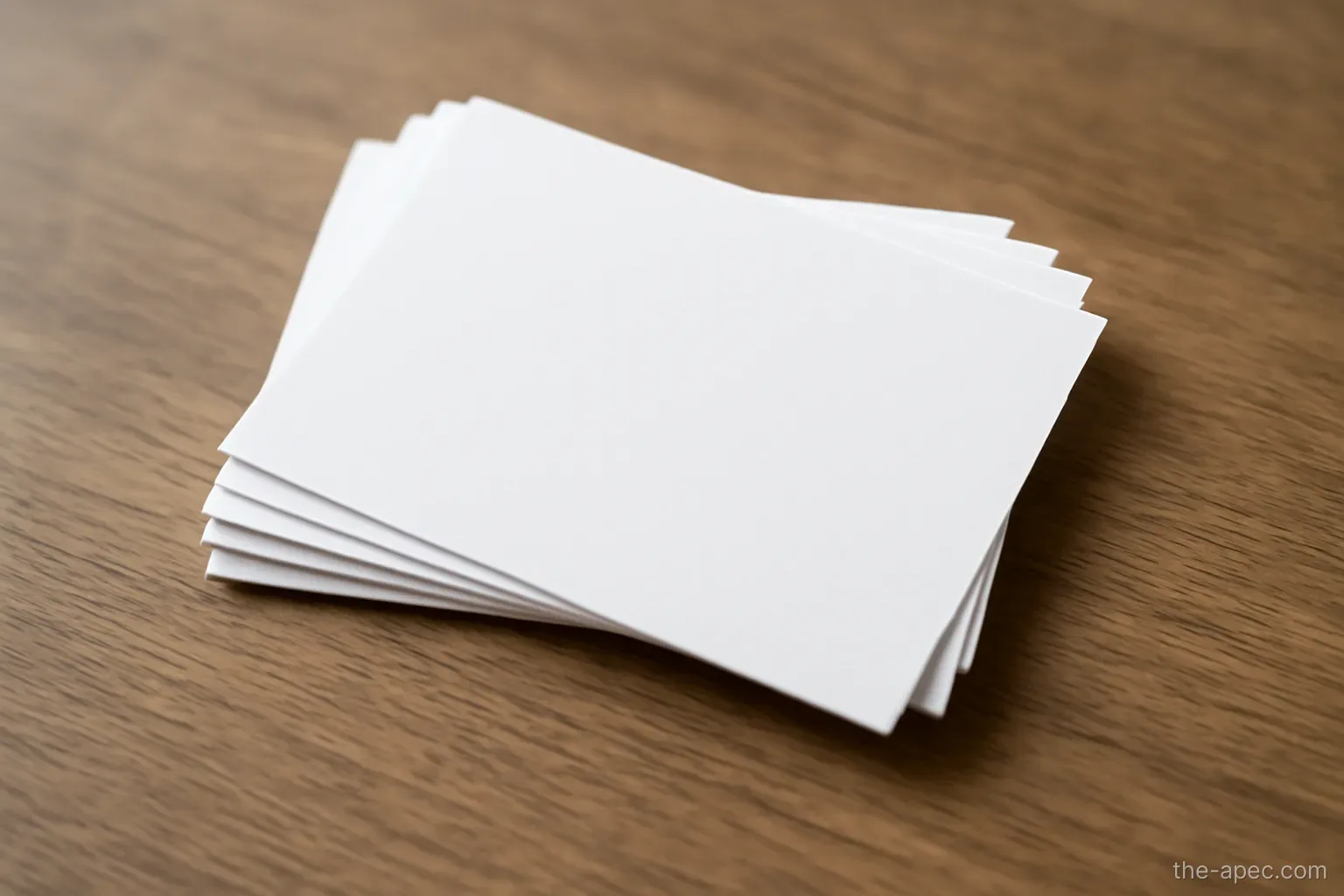 a small stack of index cards fanned out on a desk with blank faces, top down view