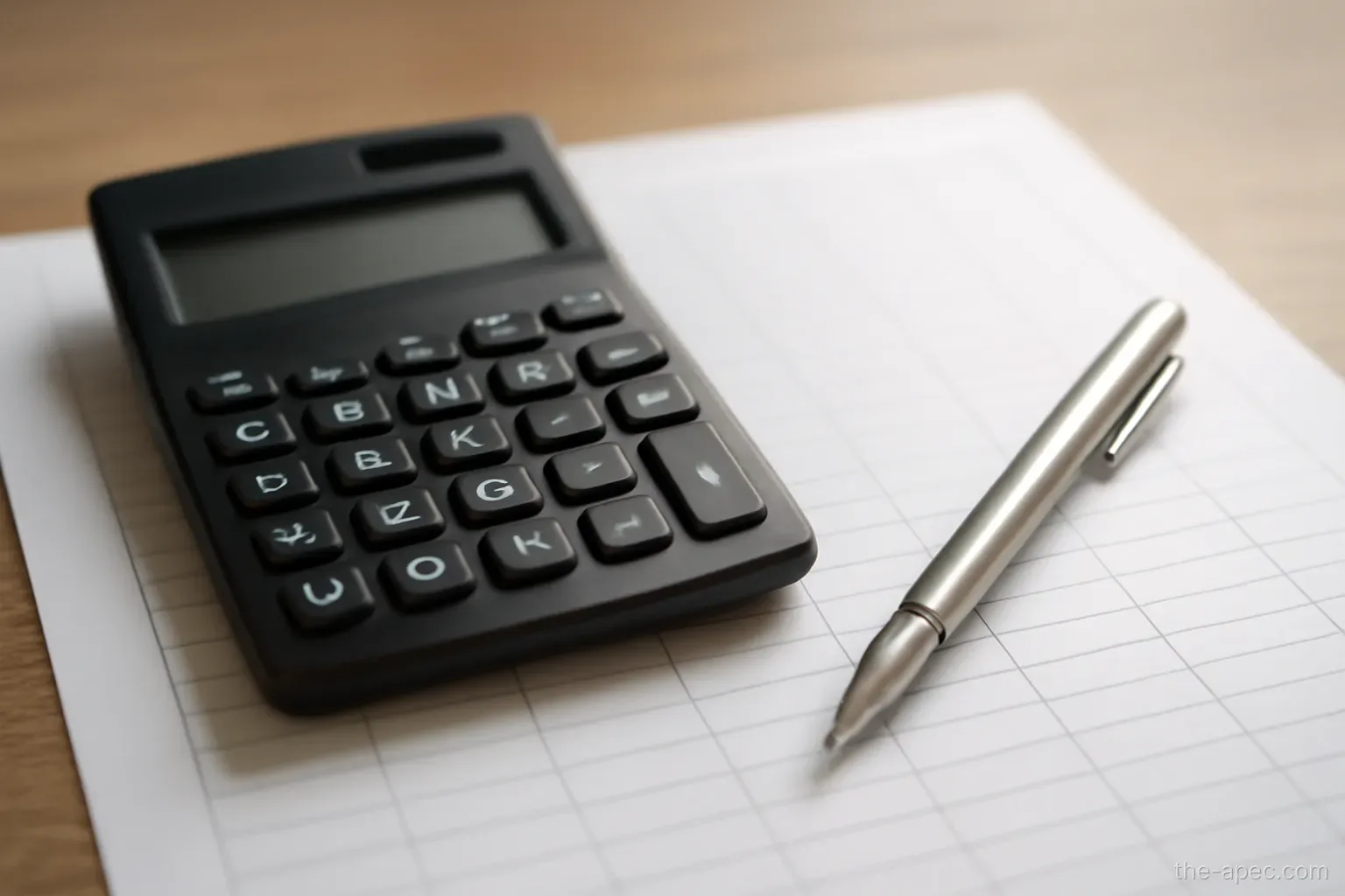 a calculator and a pen lying on a blank spreadsheet printout, no numbers visible, desk