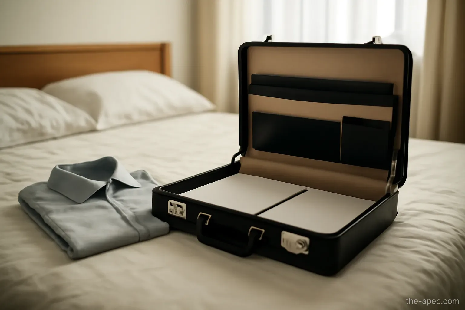 a briefcase open on a bed with a folded shirt beside it, morning bedroom light