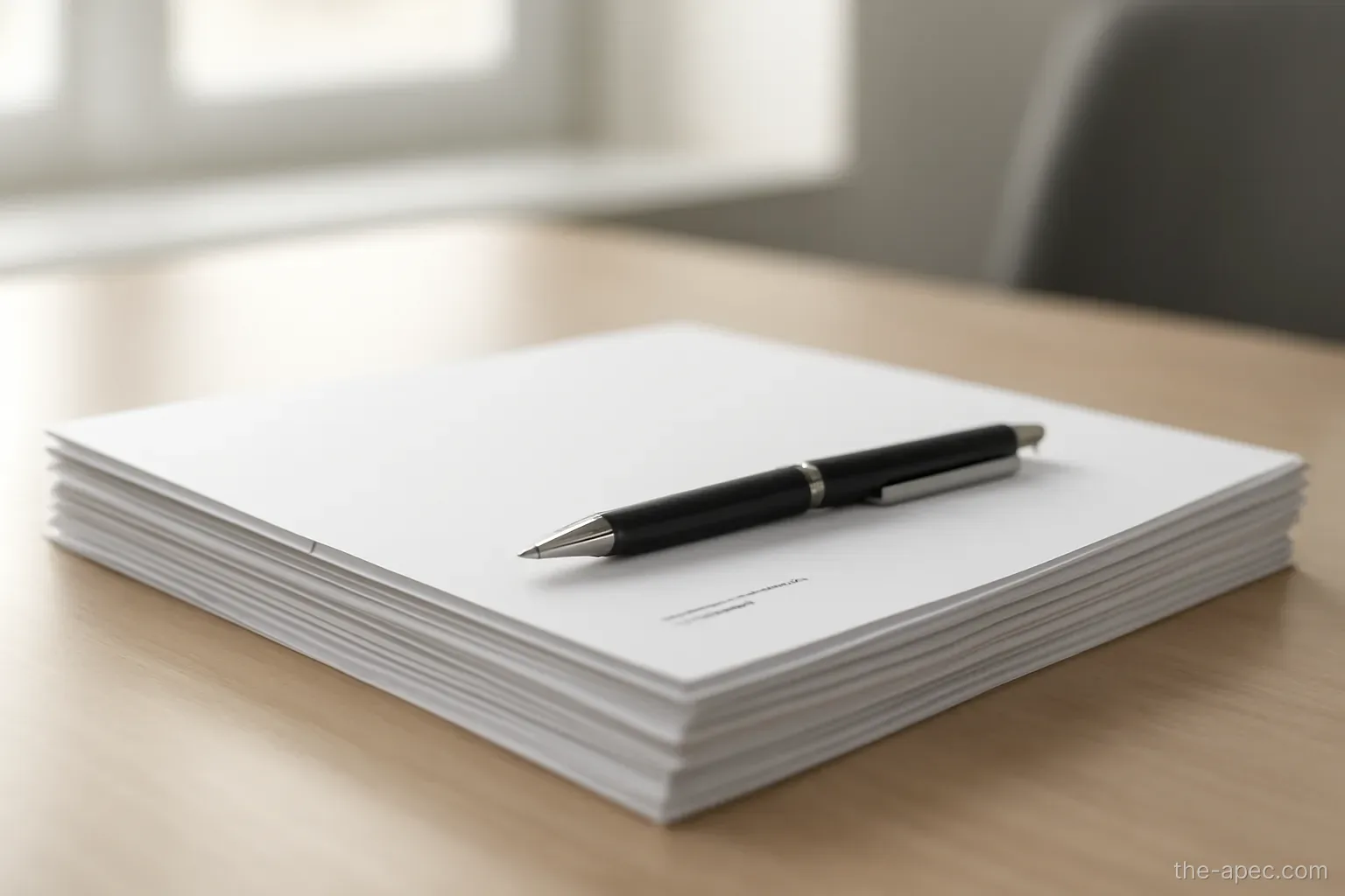 a stack of signed contracts on a desk with a pen on top, pages face down, office light