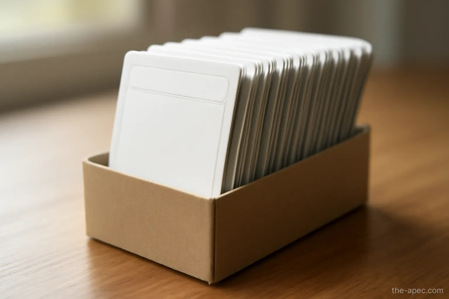 a row of identical boarding pass stubs kept in a small box on a desk, no readable text
