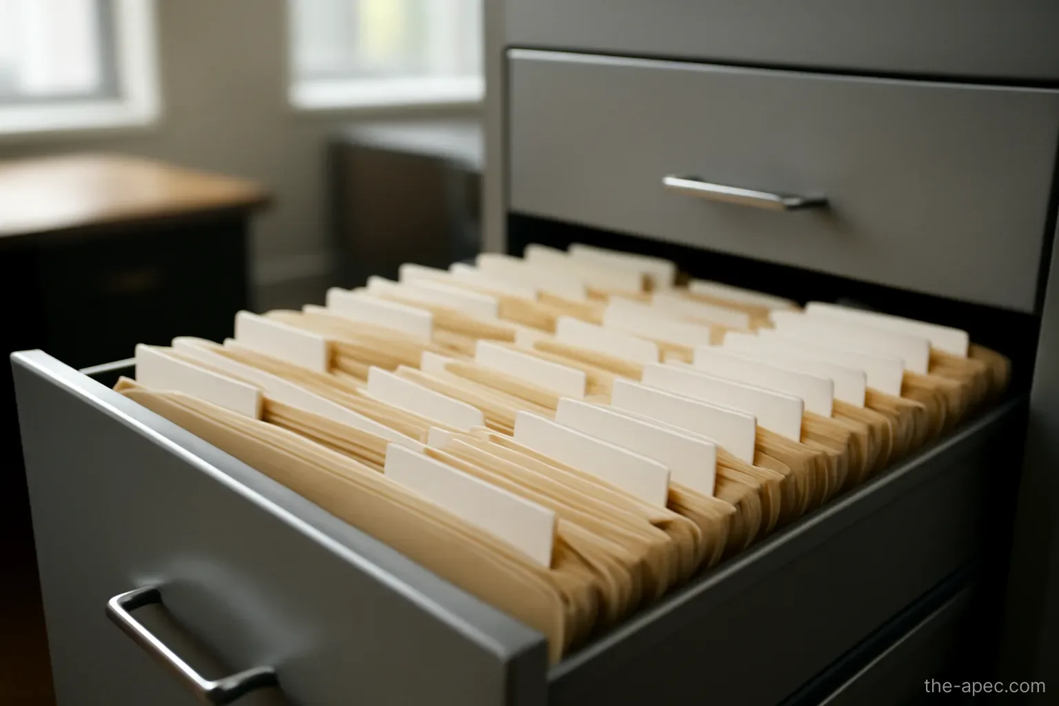 a filing cabinet drawer pulled open showing rows of folder tabs, no labels readable, office