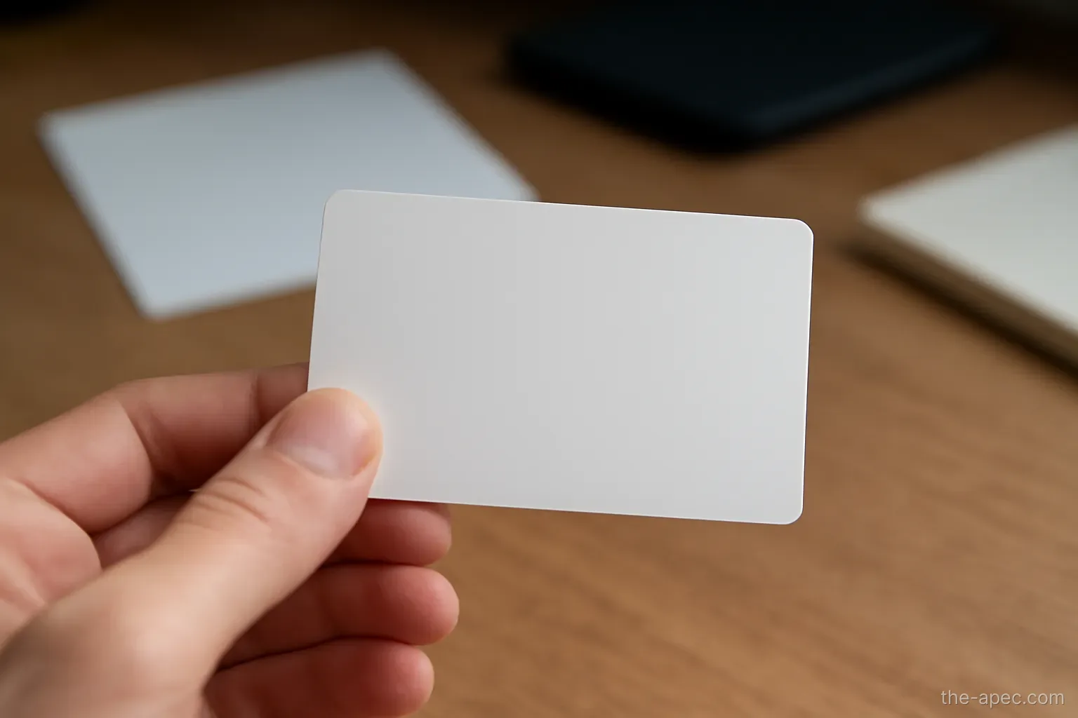 the reverse side of a plain plastic card held between two fingers, text unreadable, desk background