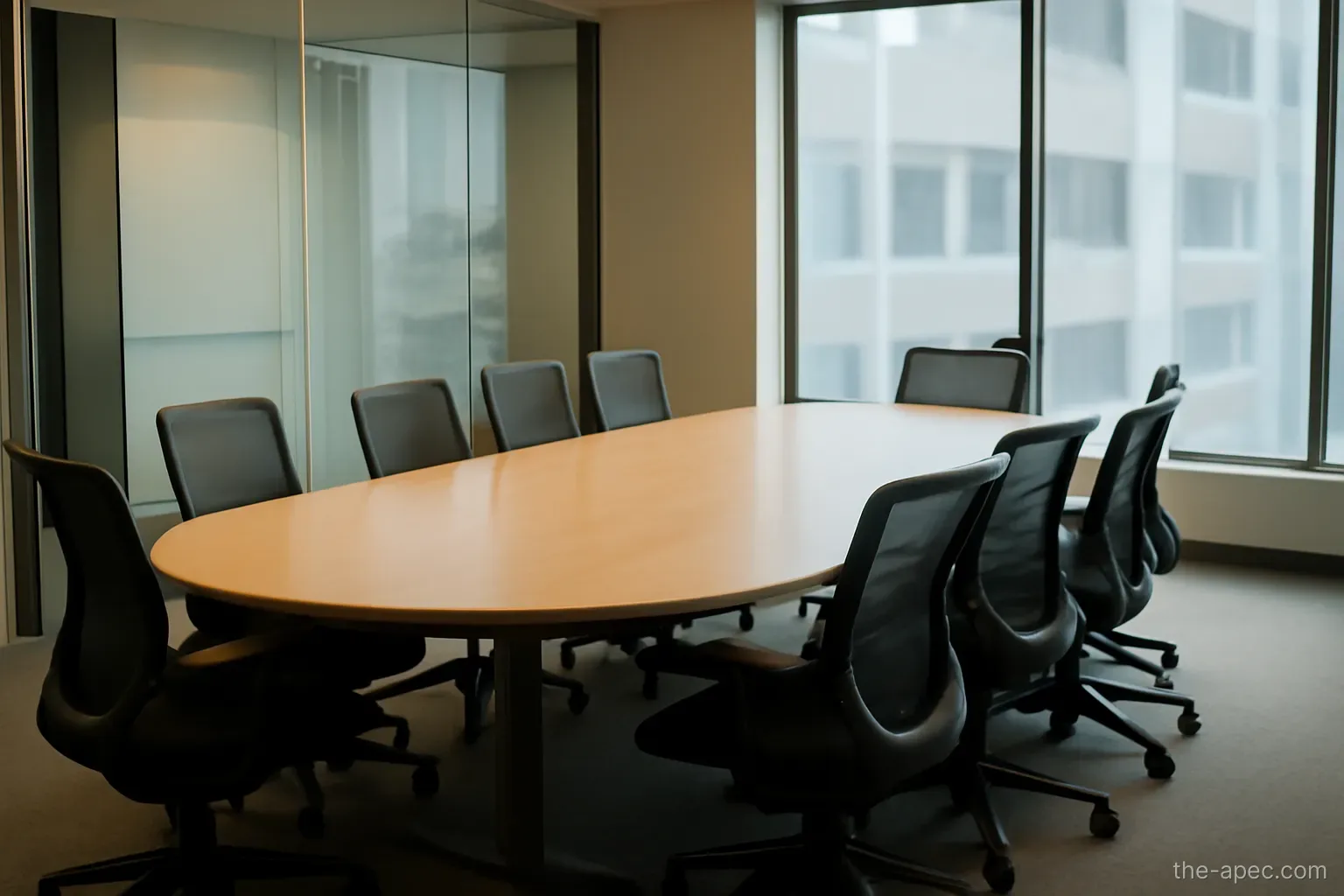 a meeting room with an empty oval table and chairs pushed in, glass wall, daytime