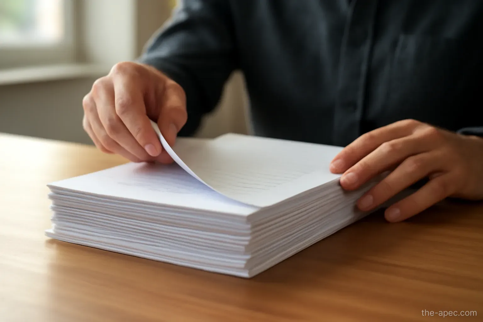 a person reviewing a thick stack of company paperwork at a table, hands and papers only
