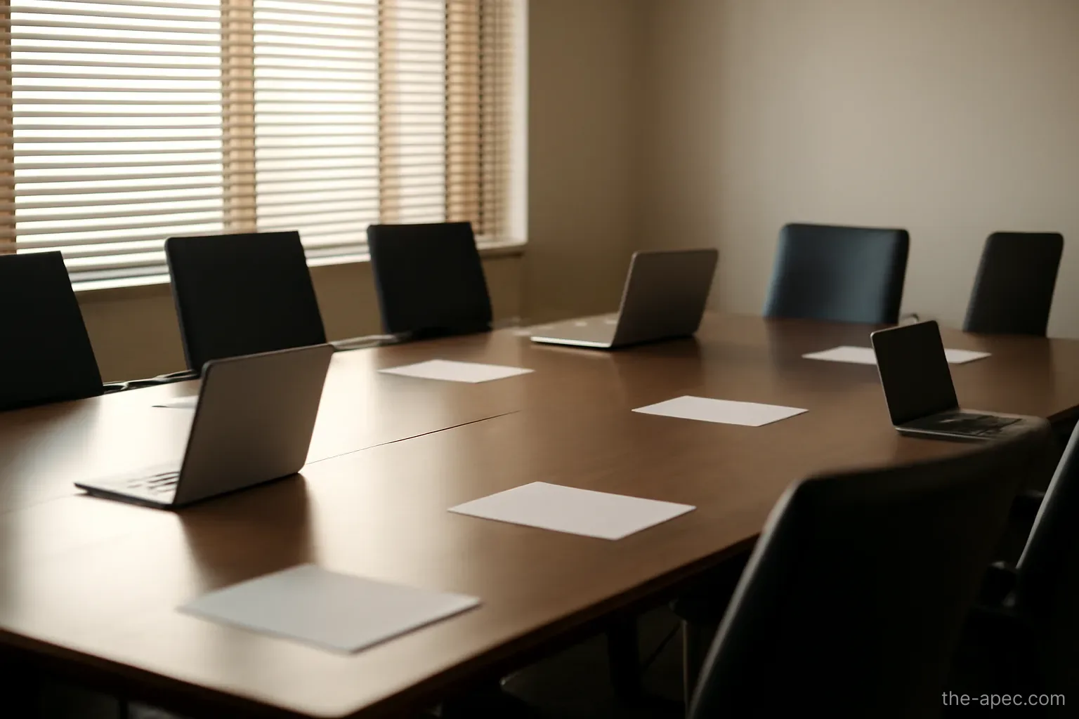a meeting room with empty chairs around a table, morning light through blinds, no people