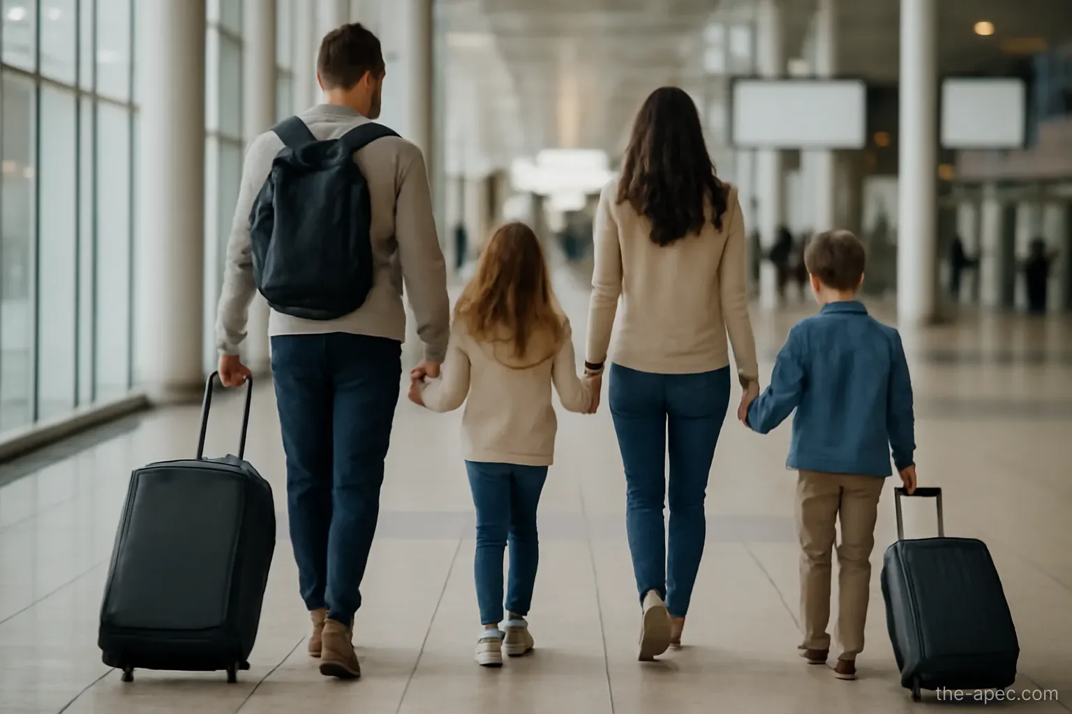 a family walking together through a departure hall with luggage, seen from behind at distance