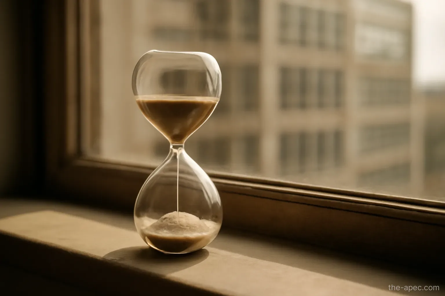 an hourglass on a windowsill with morning light, office building visible outside, shallow depth