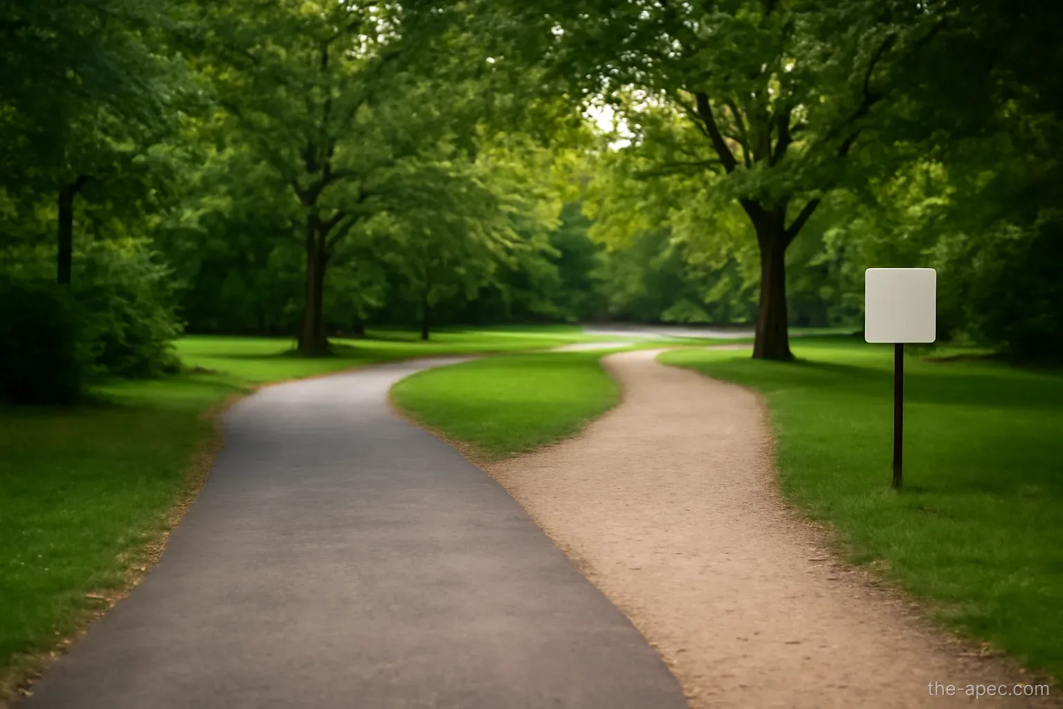 two separate pathways diverging in a park, one paved one gravel, wide shot no people