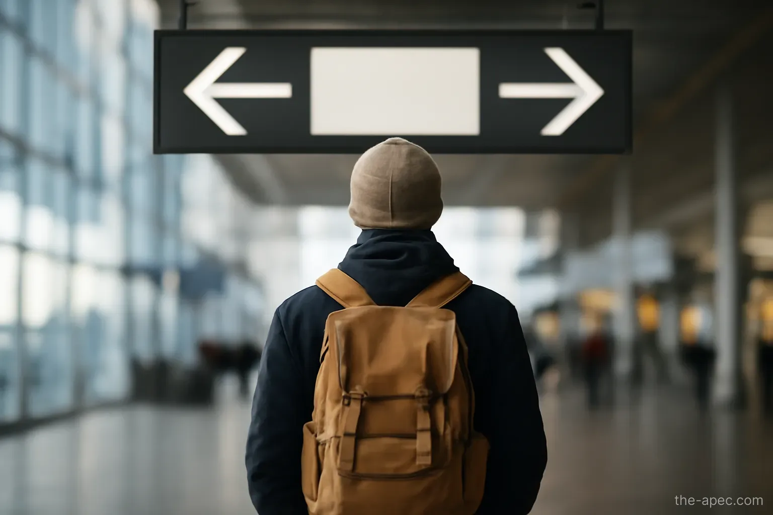 a traveller pausing at an airport signage junction with arrows pointing different ways, back view