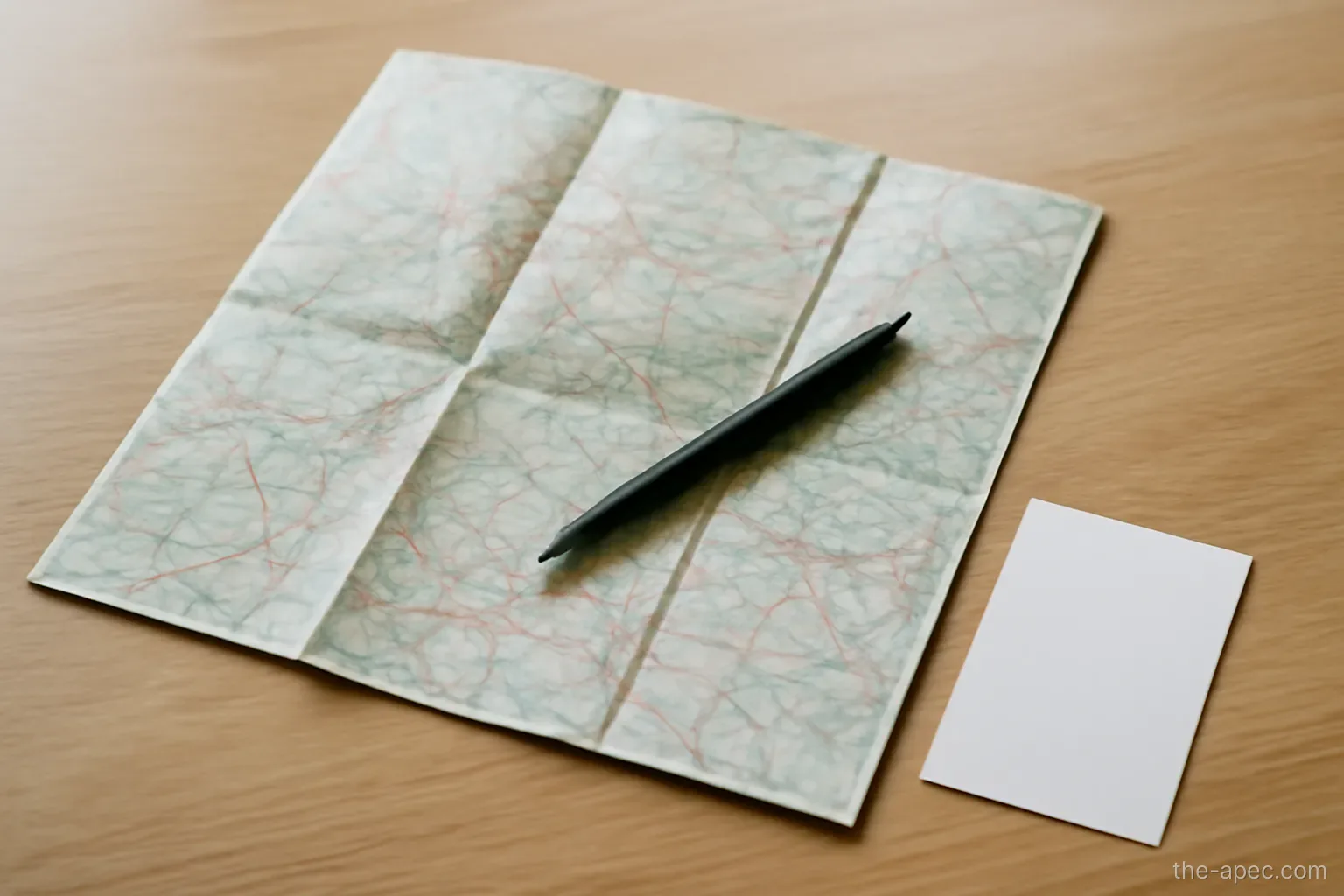 a folded paper map with a pen resting on it and a small card beside, table top view