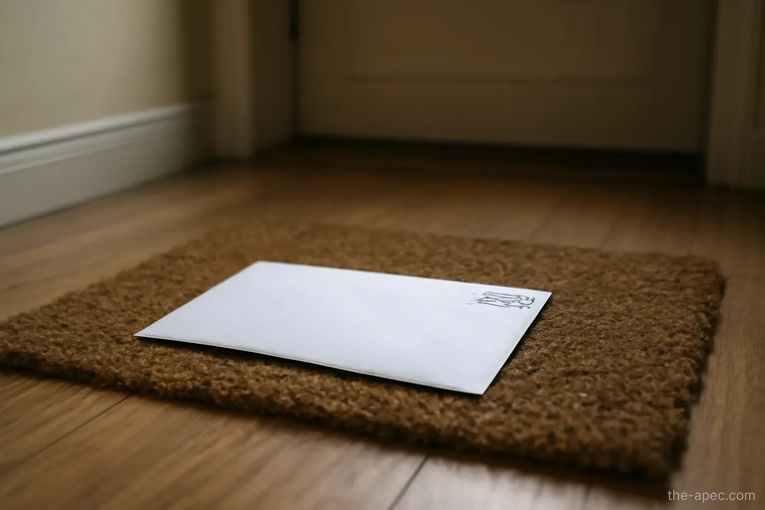 a returned envelope with a stamp mark lying on a doormat, no readable text, hallway floor