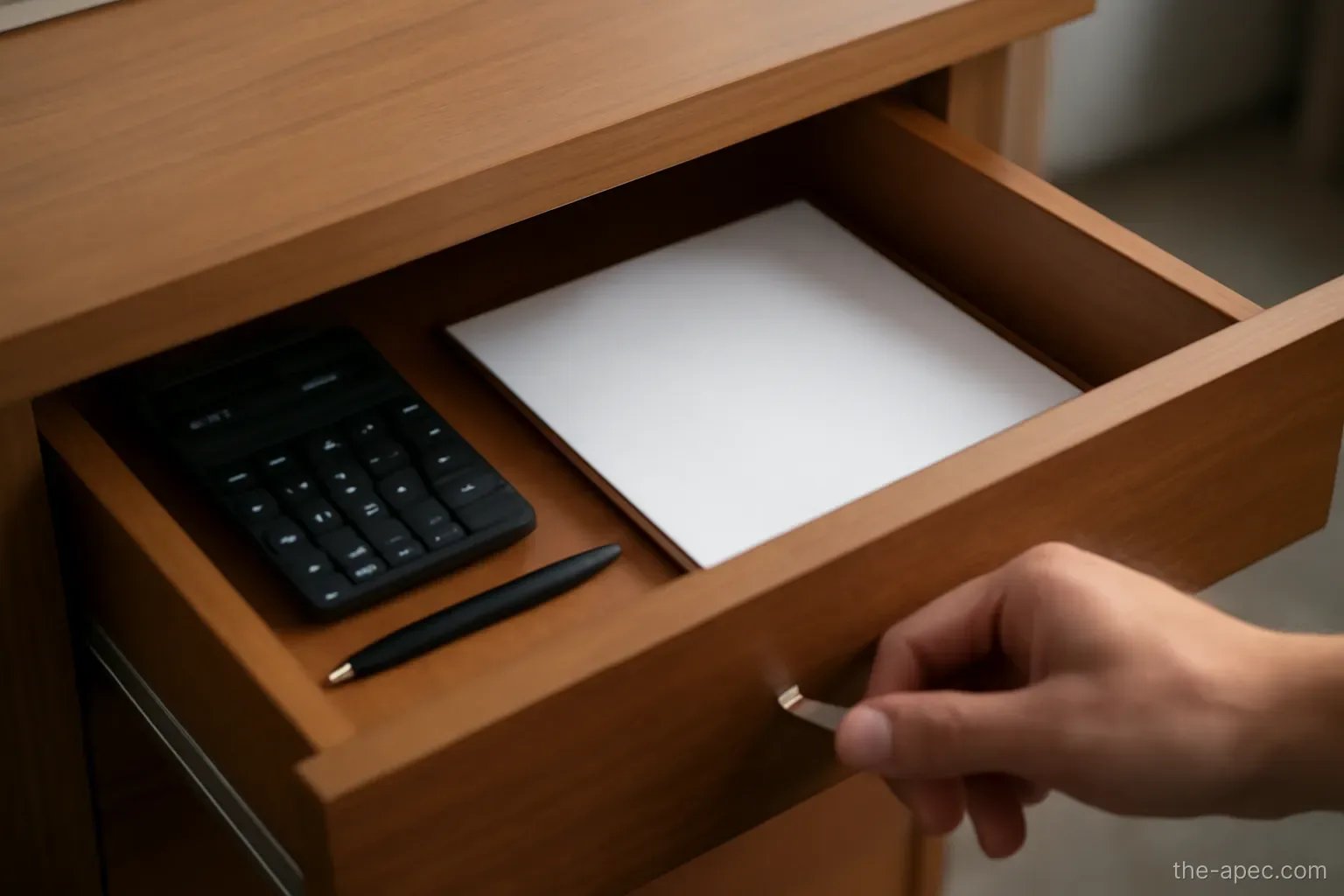 a desk drawer being closed with a few items inside, hand on the handle, office