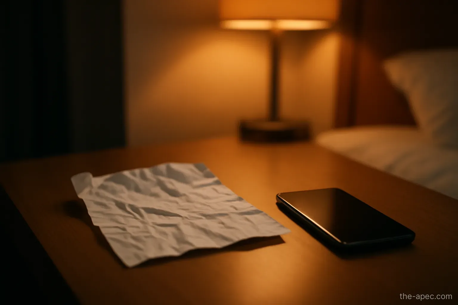 a crumpled itinerary sheet next to a phone on a hotel desk, lamp on, evening
