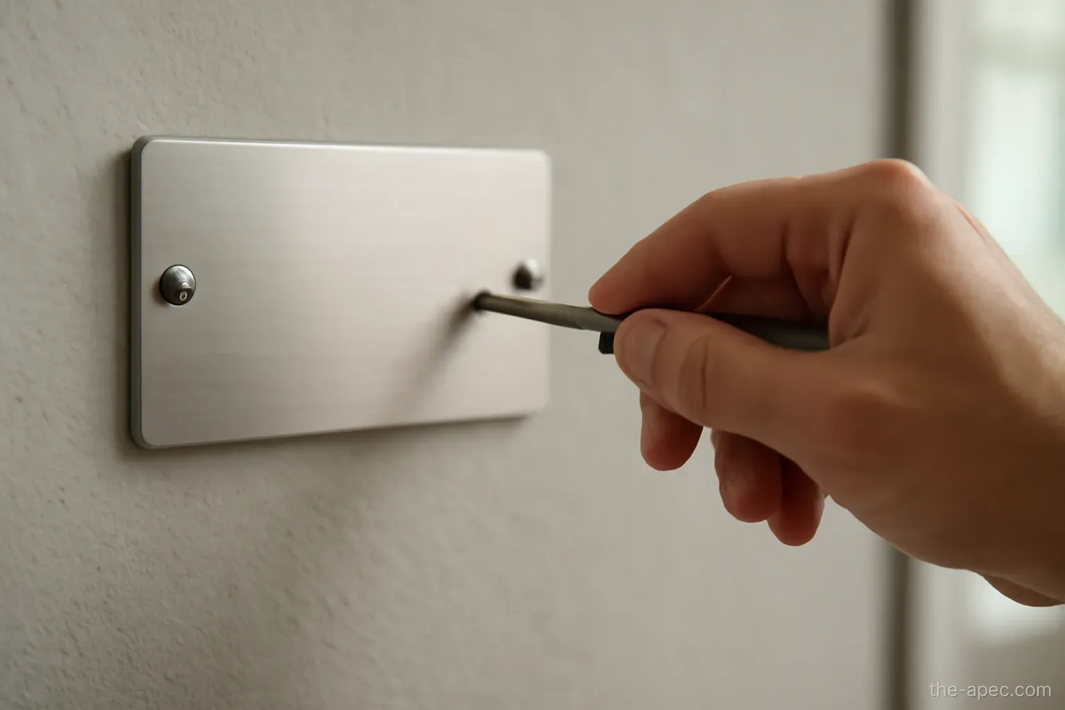 a company nameplate being unscrewed from a wall, screwdriver in hand, no readable text