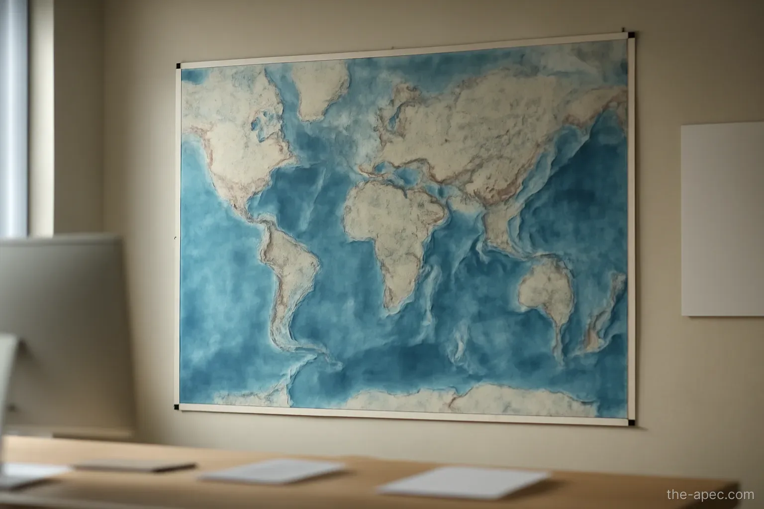 a large wall map of an ocean region with no labels, pinned at corners, office wall lighting