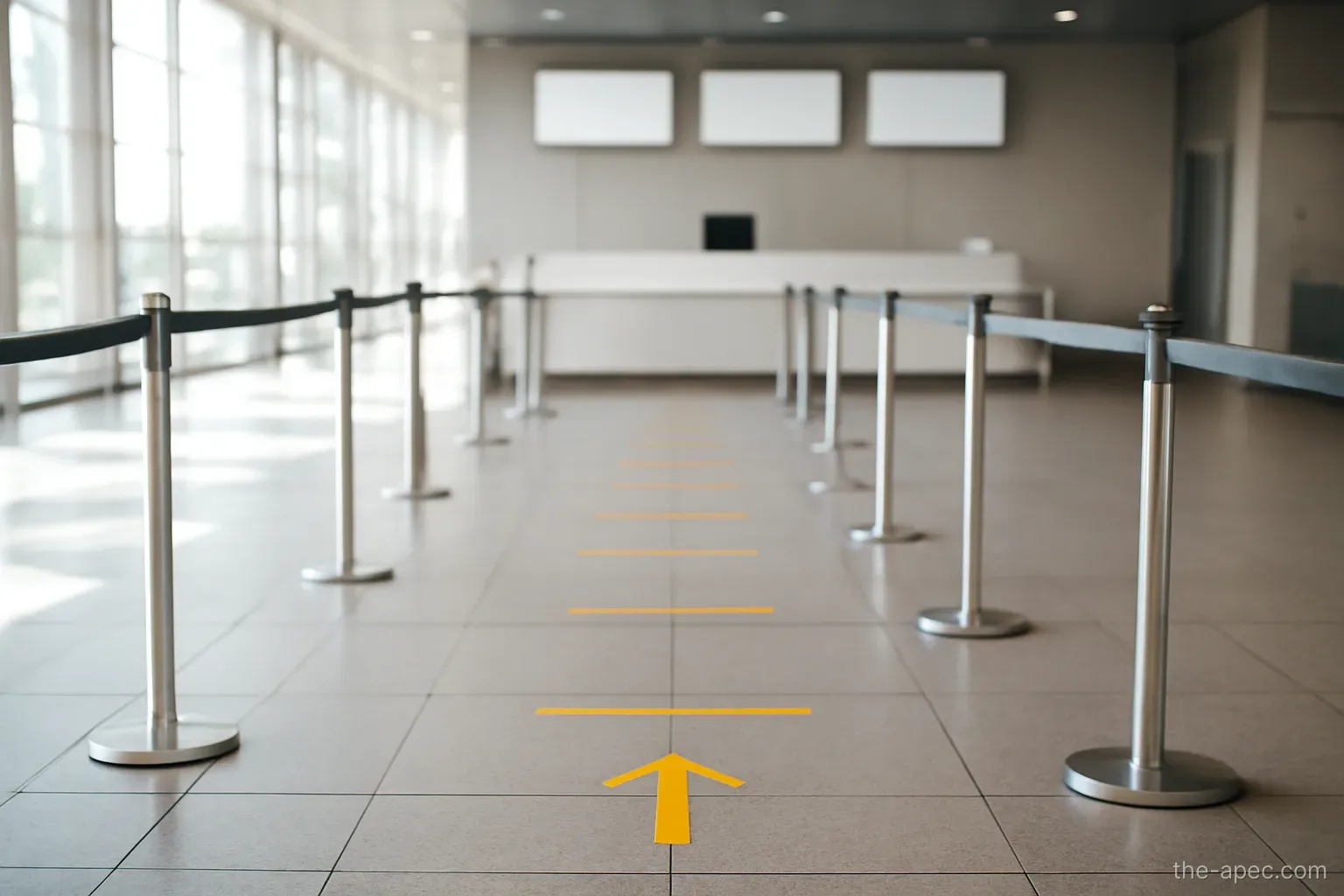 an empty roped lane leading to a counter in an airport hall, floor markings visible, bright light