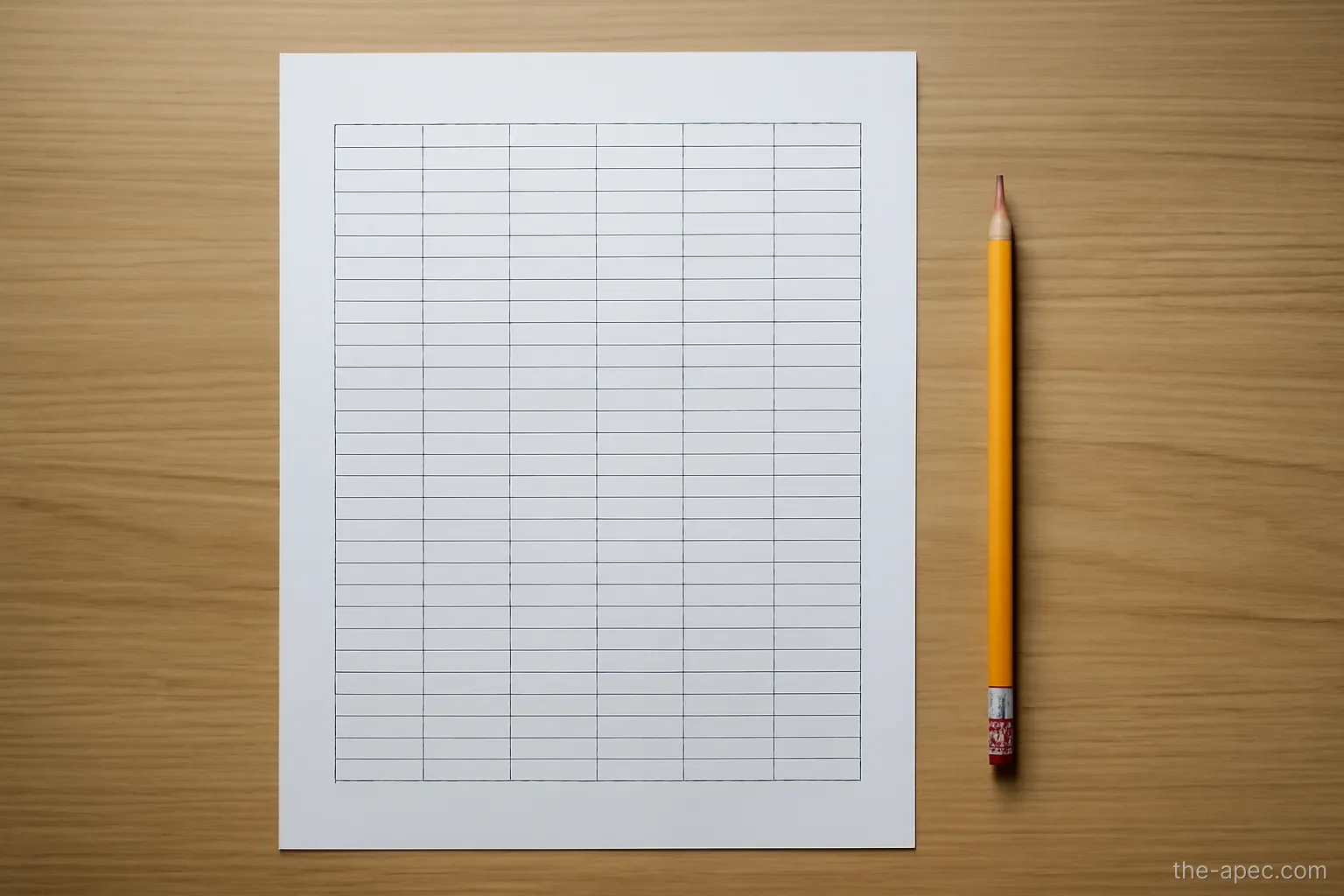 a blank spreadsheet grid printed on paper with a pencil beside it, top down view, desk