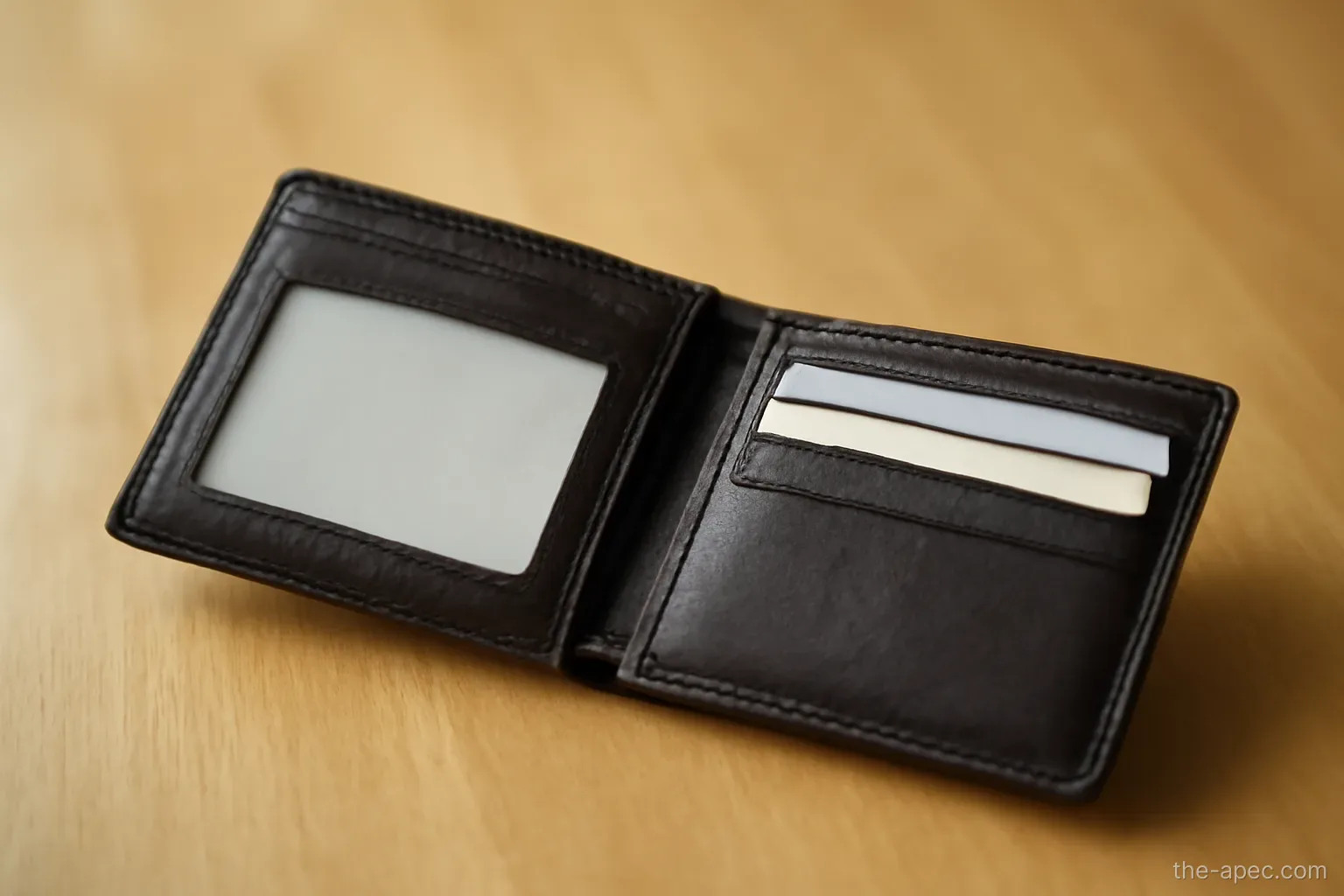 an empty card slot in an open wallet on a table, other slots filled, indoor light
