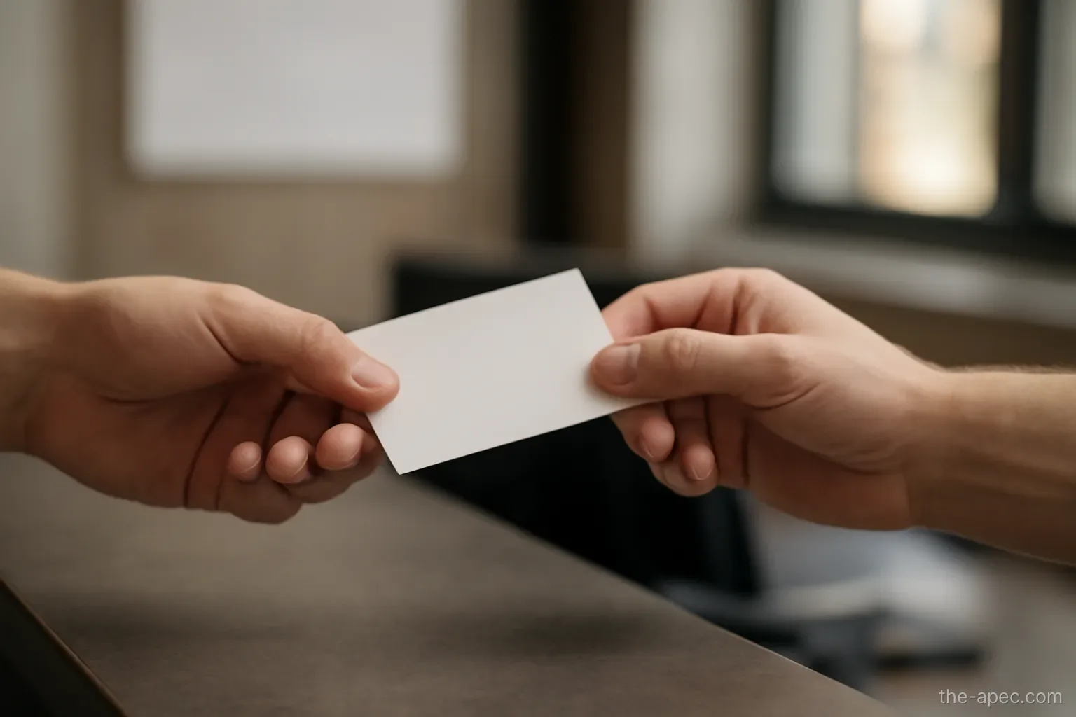 a card being handed over a counter between two hands, no text visible, indoor lighting
