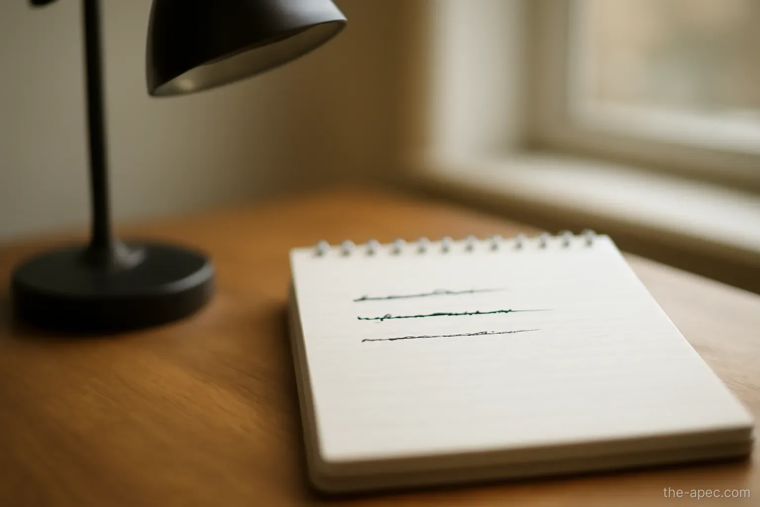 a short list on a notepad with one line crossed out, handwriting illegible, desk lamp