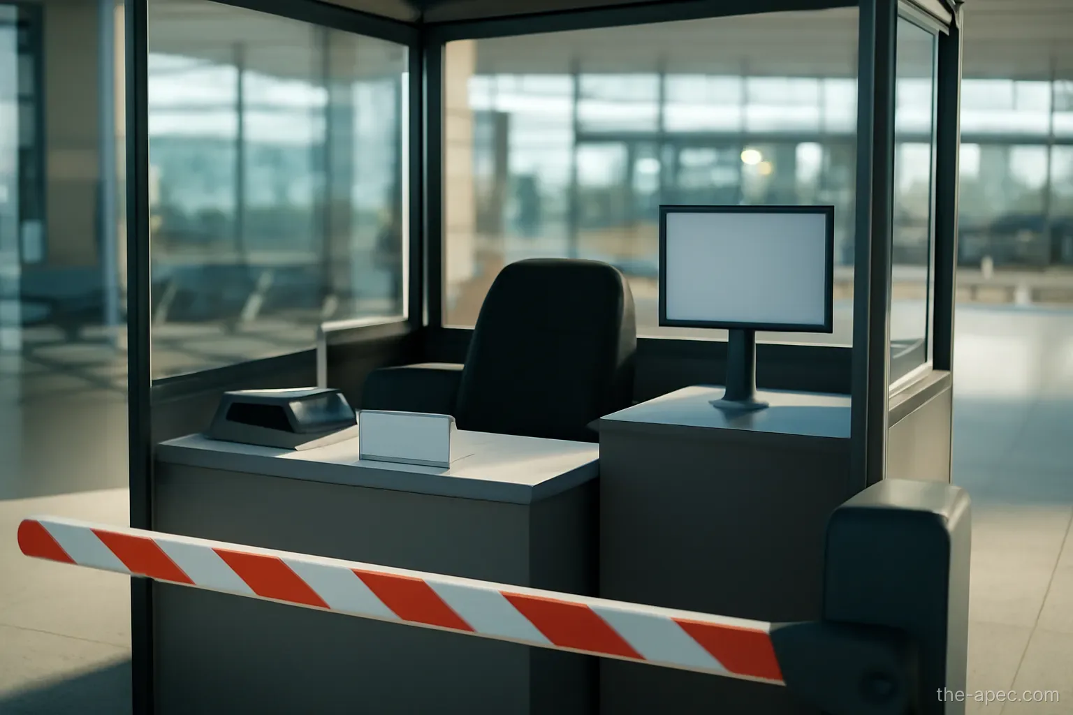 a passport control booth with a raised barrier and empty chair, airport arrivals, bright light