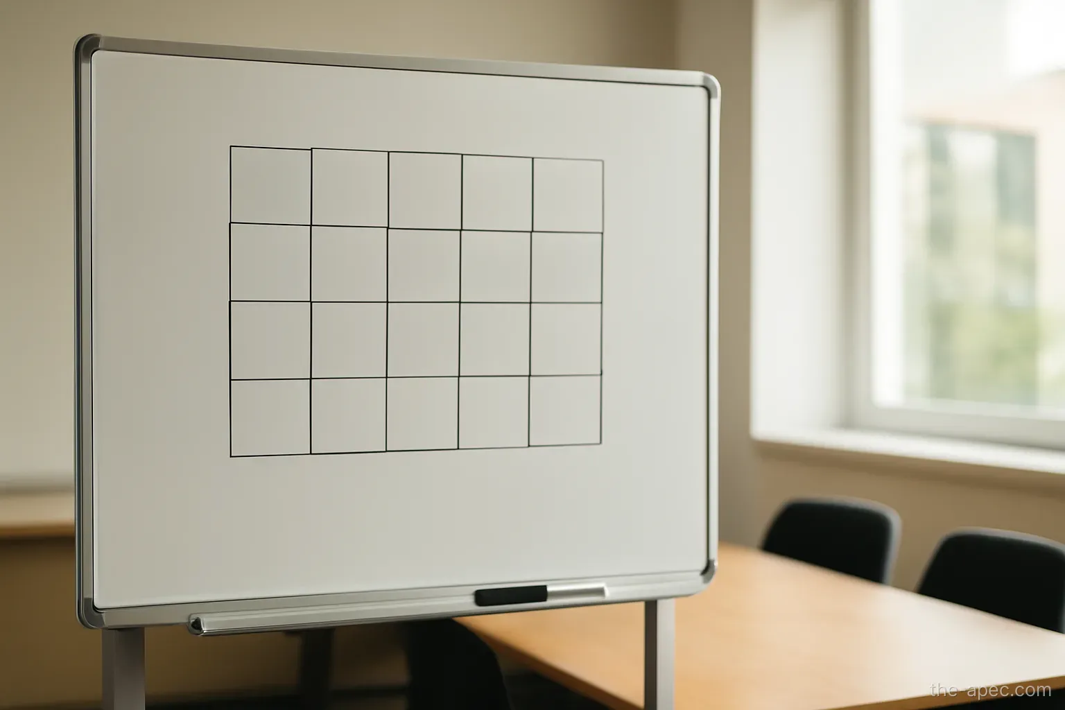 a whiteboard with a blank grid drawn on it and a marker on the tray, meeting room