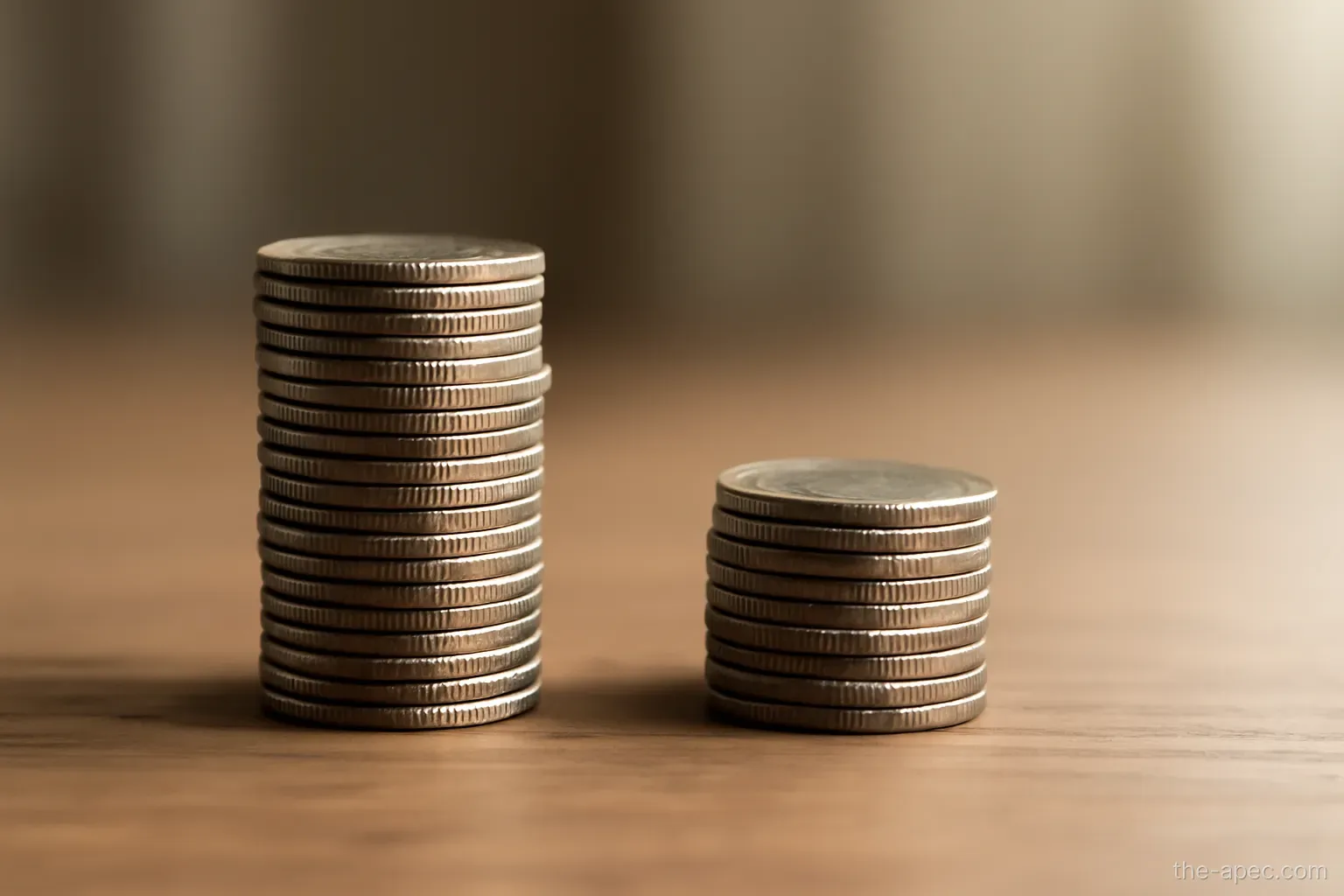 two stacks of coins of different heights on a wooden table, side view, soft lighting