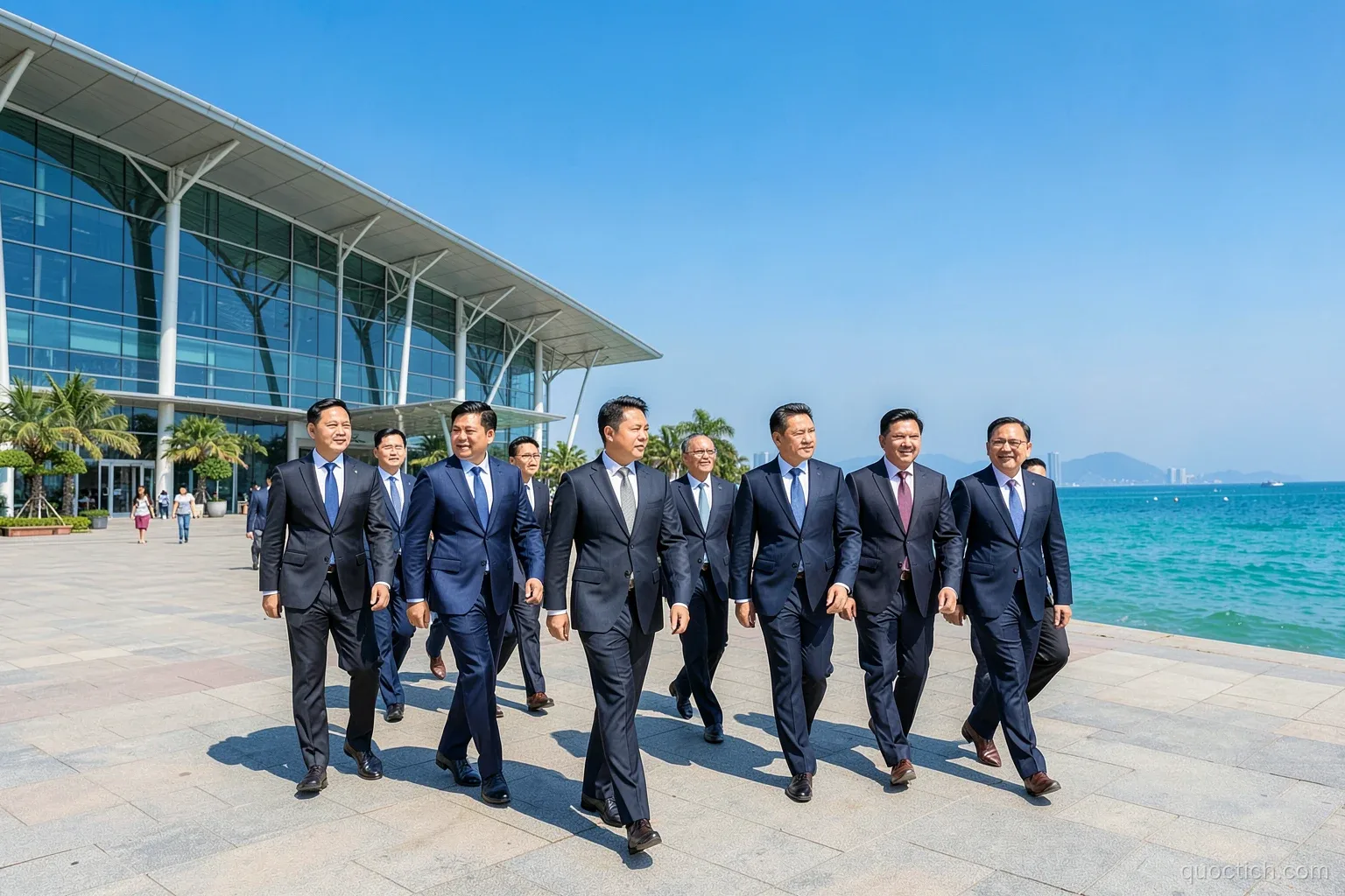 Group of Vietnamese government delegates in dark suits walking across the sunlit plaza of the Ariyana convention center in Da Nang by the sea, wide shot, blue sky and turquoise water