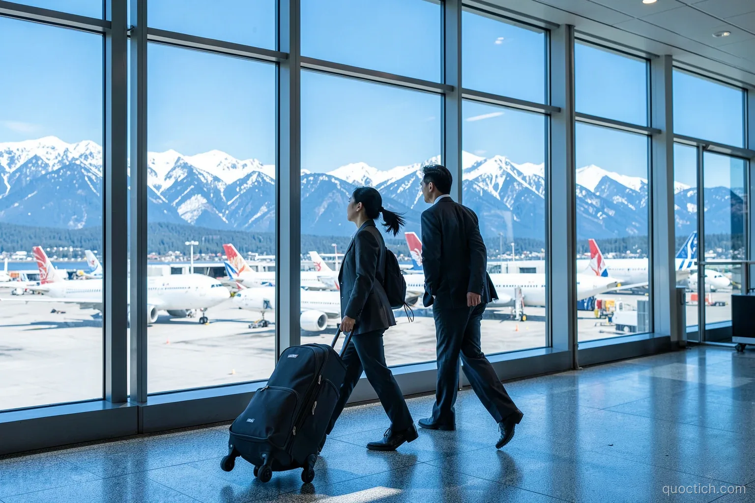 Asian business traveler with a rolling suitcase walking past huge windows overlooking parked airliners and snowy mountains at Vancouver International Airport, wide shot, bright clear day, blue and silver tones