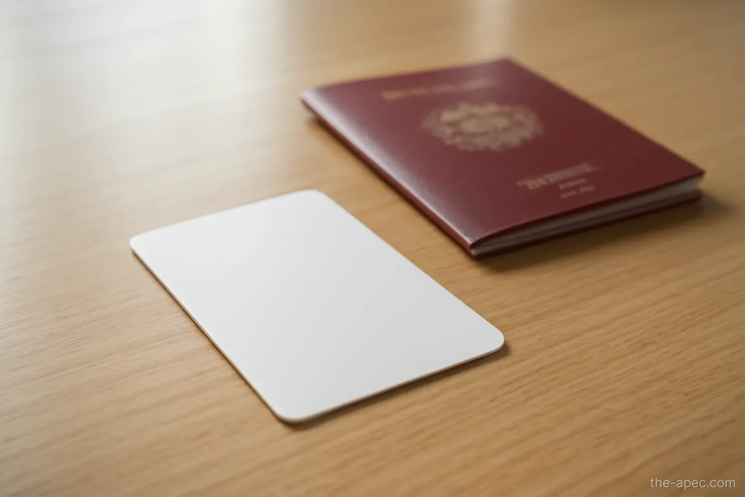 a plastic card lying face down on a desk beside a passport, no visible text, office lighting