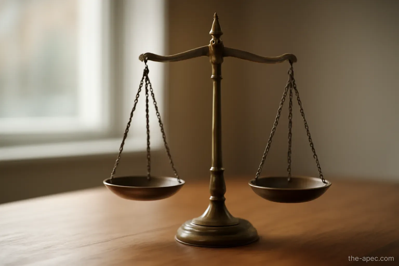 a balance scale with two empty pans on a wooden desk, side view, soft daylight