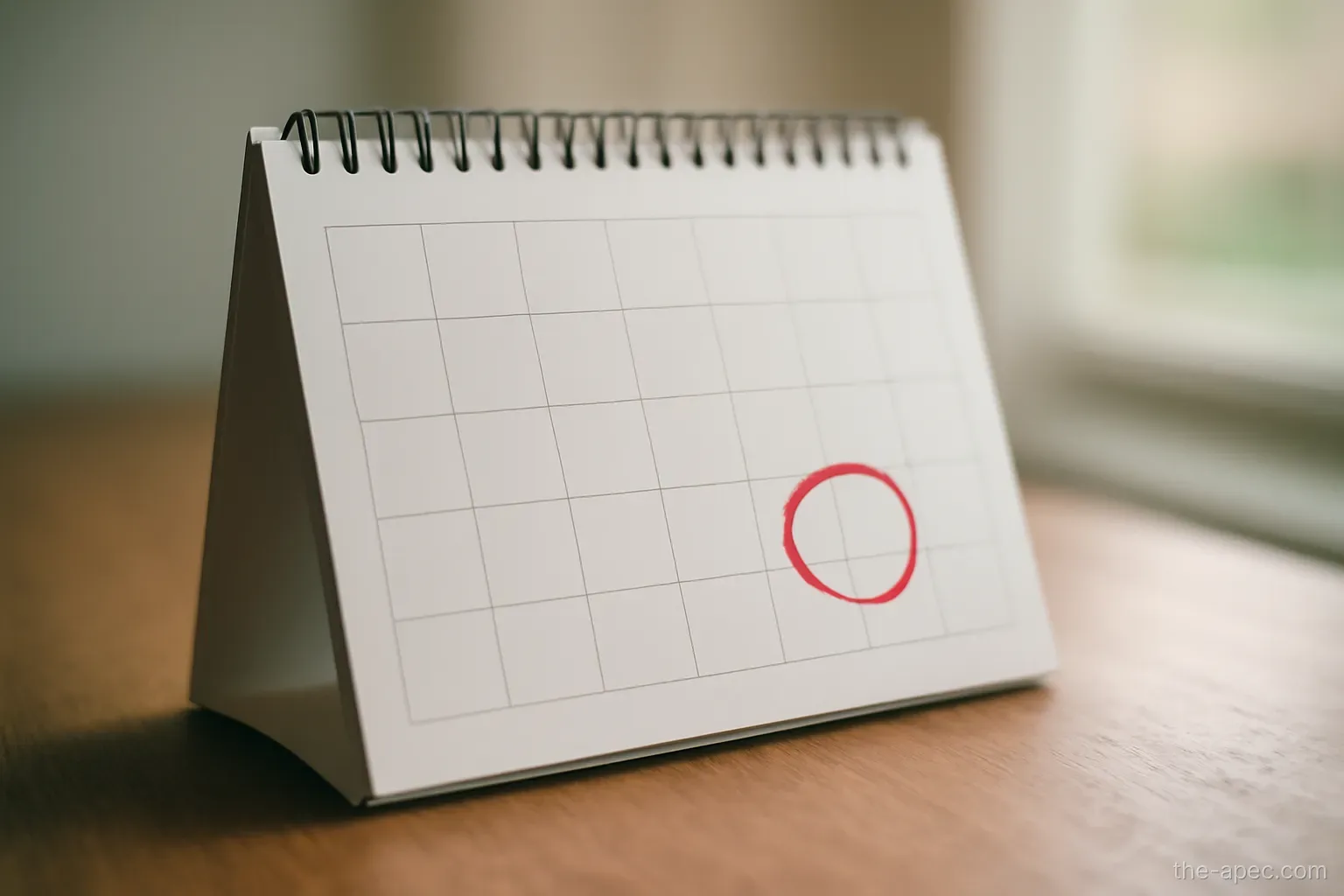 a desk calendar page with a red circle around a date near the end, numbers not legible