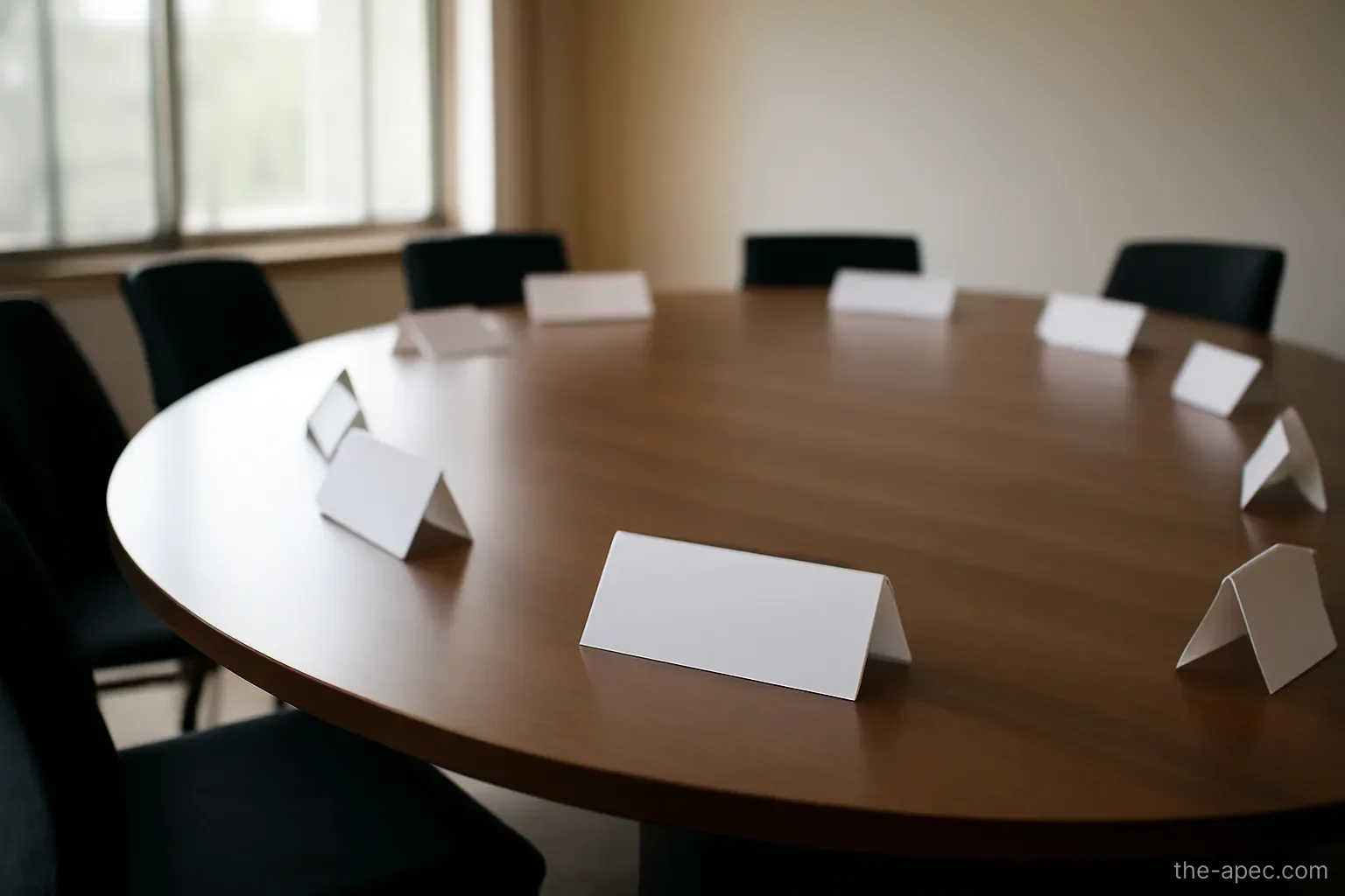 a round conference table with name card holders but no cards, empty room, daylight