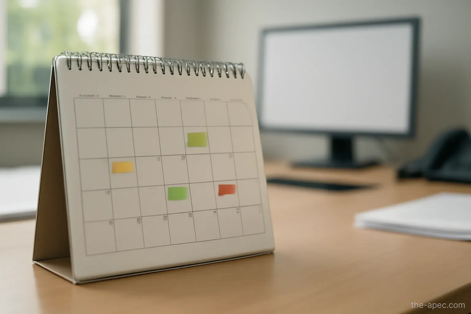 a desk calendar with a few dates marked by small stickers, numbers not legible, office