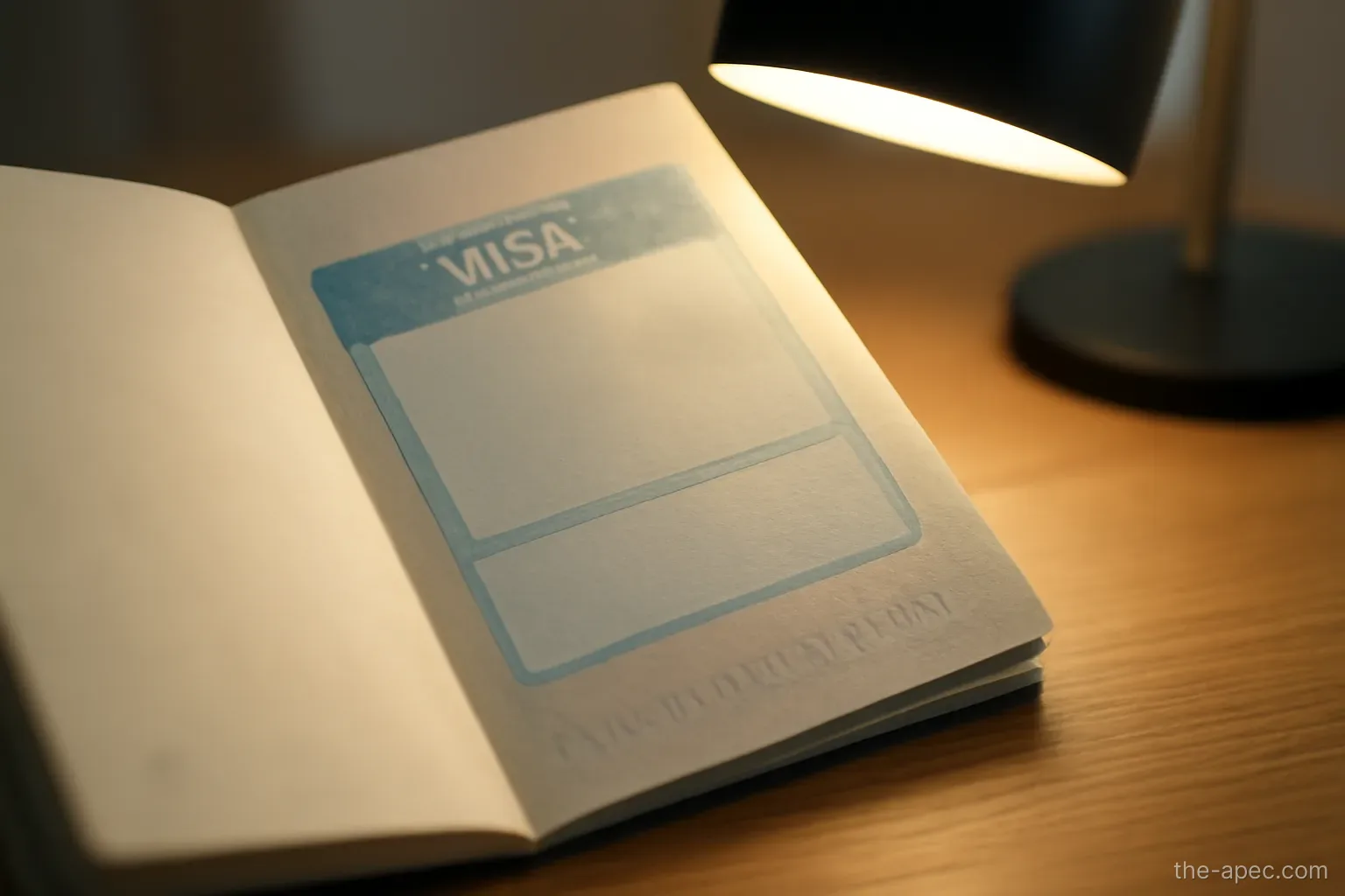 a visa page in a passport with a long validity sticker, details blurred, desk lamp light