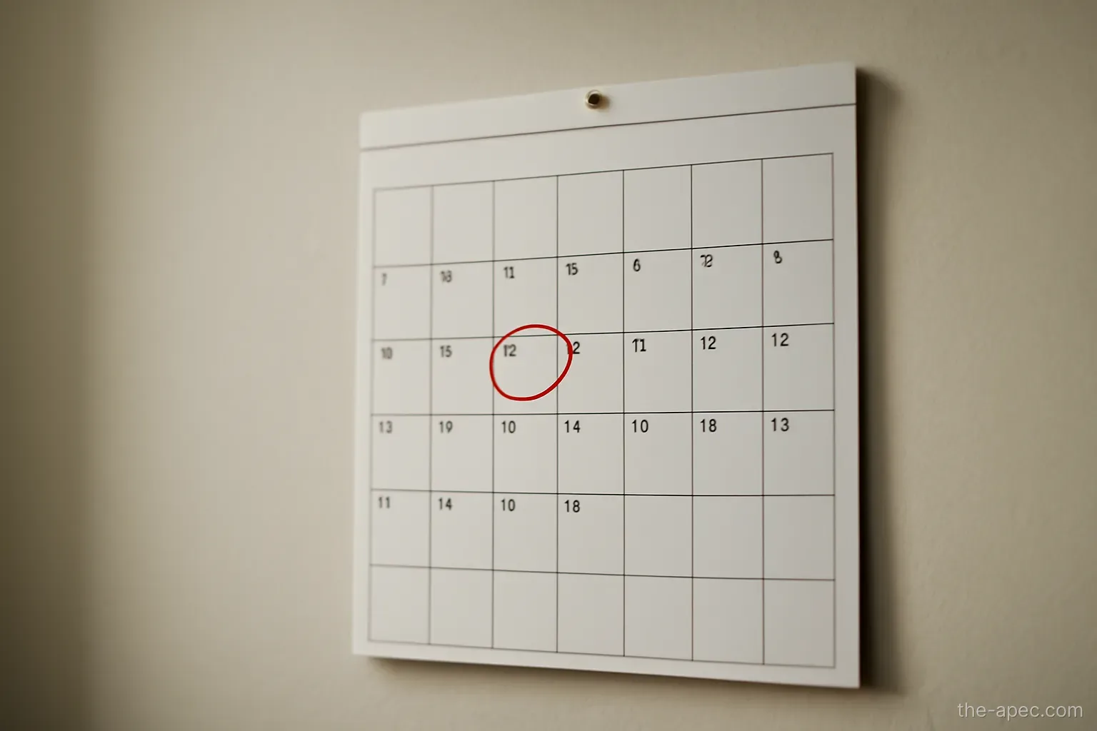 a wall calendar page with a circled date, numbers not legible, plain office wall