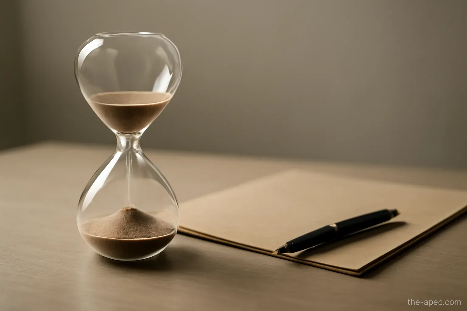 an hourglass on a desk beside a closed folder and a pen, side lighting, plain surface