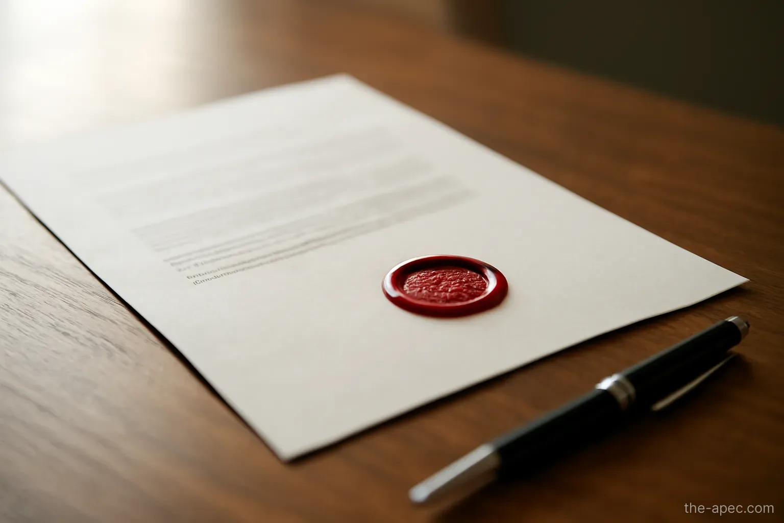 an official looking document with a red seal impression, text obscured, desk with pen