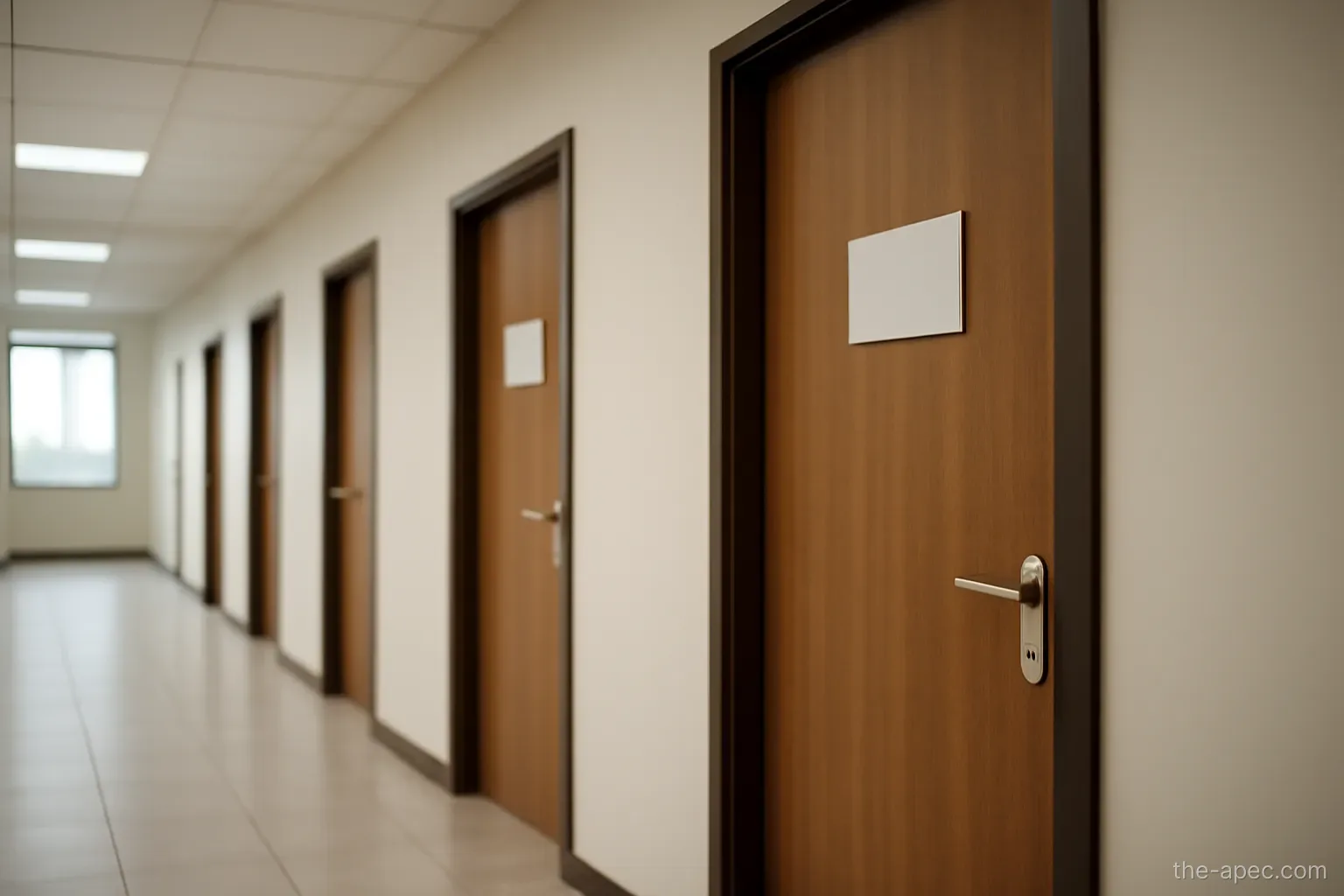 several closed office doors along a corridor with different numbers, digits not legible
