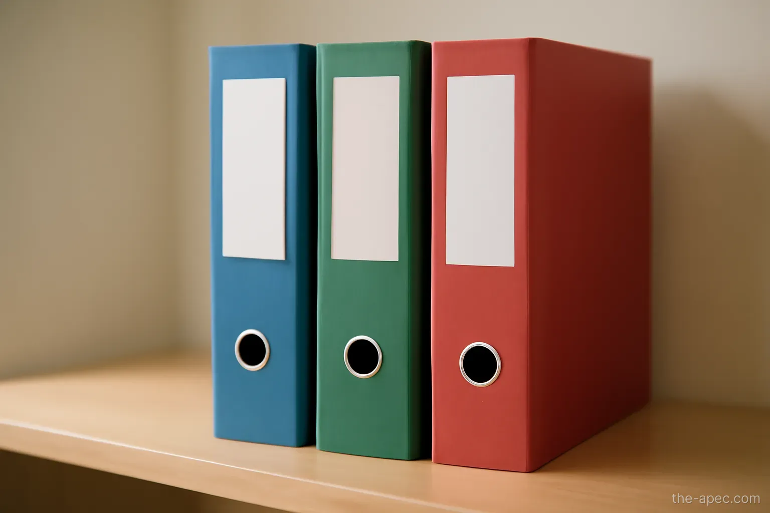 three folders of different colours lined up on a shelf, no labels visible, office light