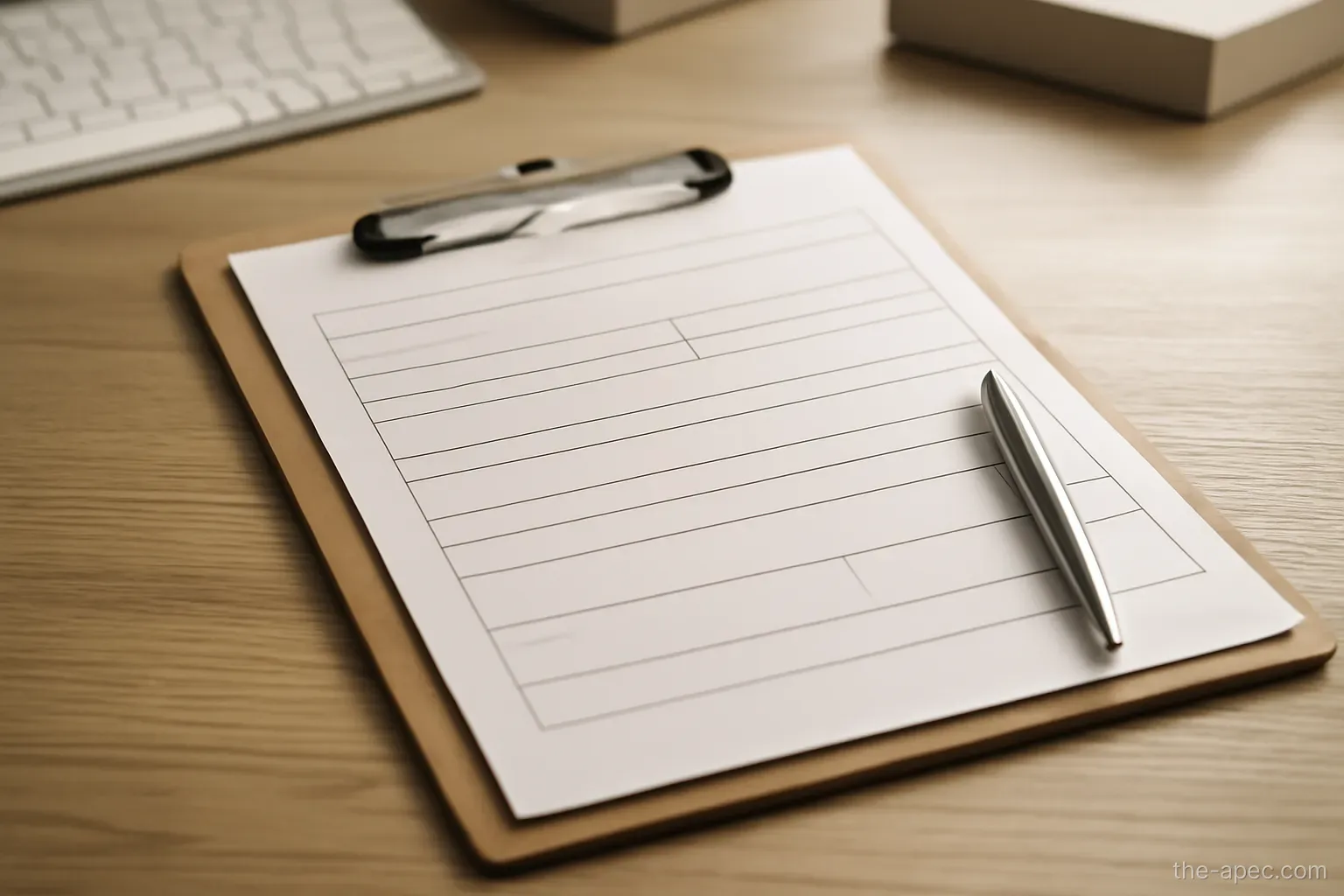 an application form on a clipboard with a pen clipped to it, form blank, office desk